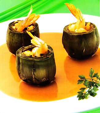 Alcachofas rellenas de langostinos