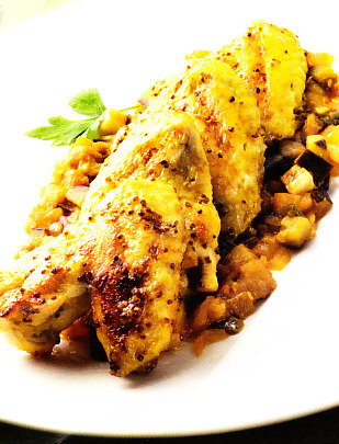 Alitas de pollo a la mostaza con pisto