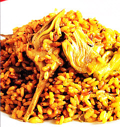 Arroz con alcachofas e hígado de pato