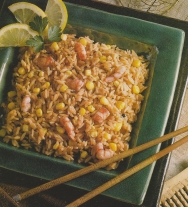 Arroz con maíz y gambas
