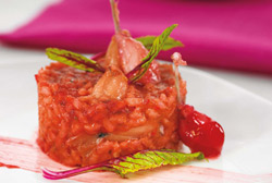 Arroz cremoso de remolacha y ancas de rana