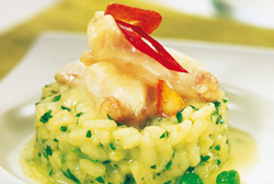 Arroz verde con kokotxas de bacalao
