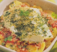 Bacalao fresco al horno con patatas y tomate
