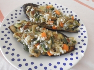 Berenjenas rellenas de arroz y verduras