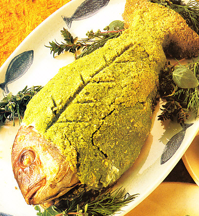 Besugo al horno con costra aromática