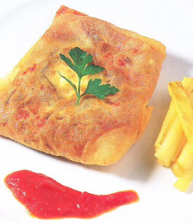 Brick relleno de huevos, setas y chorizo