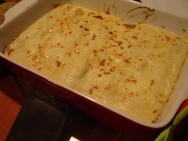 Canelones de merluza, rape y gambas