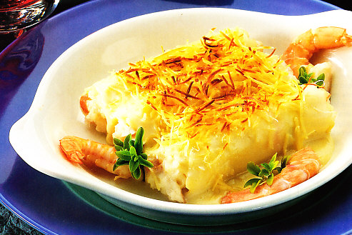 Canelones de pescado y gambas