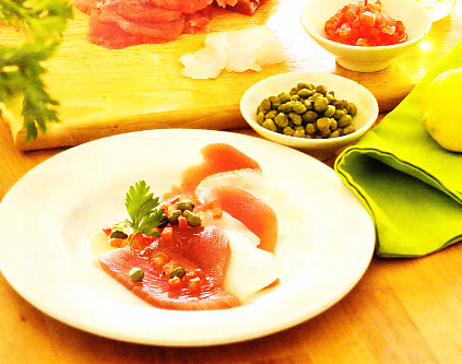 Carpaccio de atún y bacalao