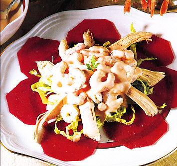 Cóctel de gallina y gambas