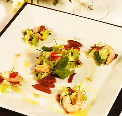Ensalada de gambas y mollejas de pato al vinagre de Jerez