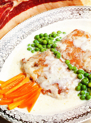 Escalopes de ternera con baño de cava, rellenos de jamón