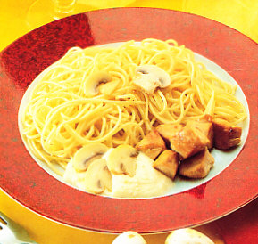 Espaguetis con salsa de pollo y champiñones