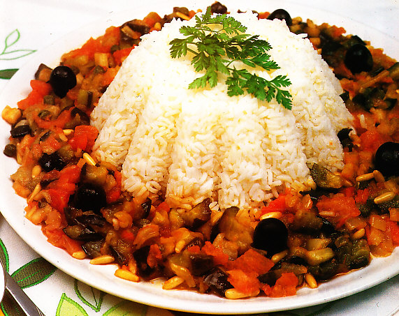 Flan de arroz con berenjenas al agridulce