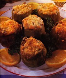 Fondos de alcachofas rellenos de langostinos