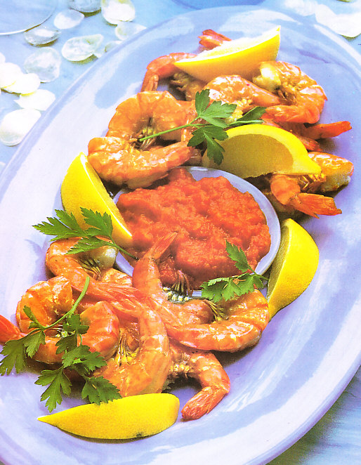 Langostinos con salsa de tomate picante