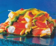 Lasaña de langostinos y tomates al pesto