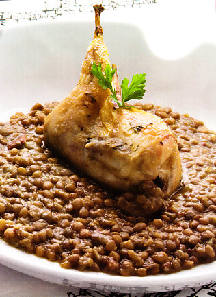 Lentejas con codorniz asada