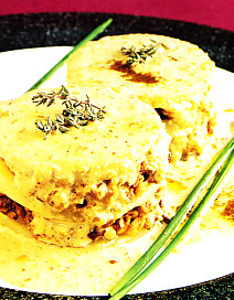 Milhojas de patata con butifarra