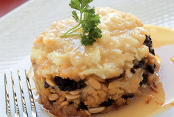 Milhojas de patata y morcilla
