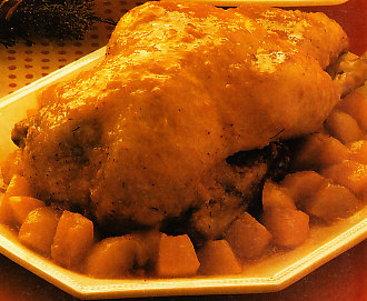 Pularda con melocotones