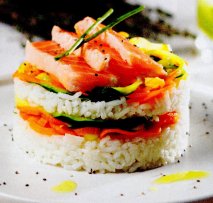 Receta de Arroz con salmón y espaguetis de verduras