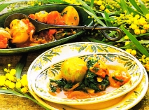 Nabos especiados con espinacas y tomates